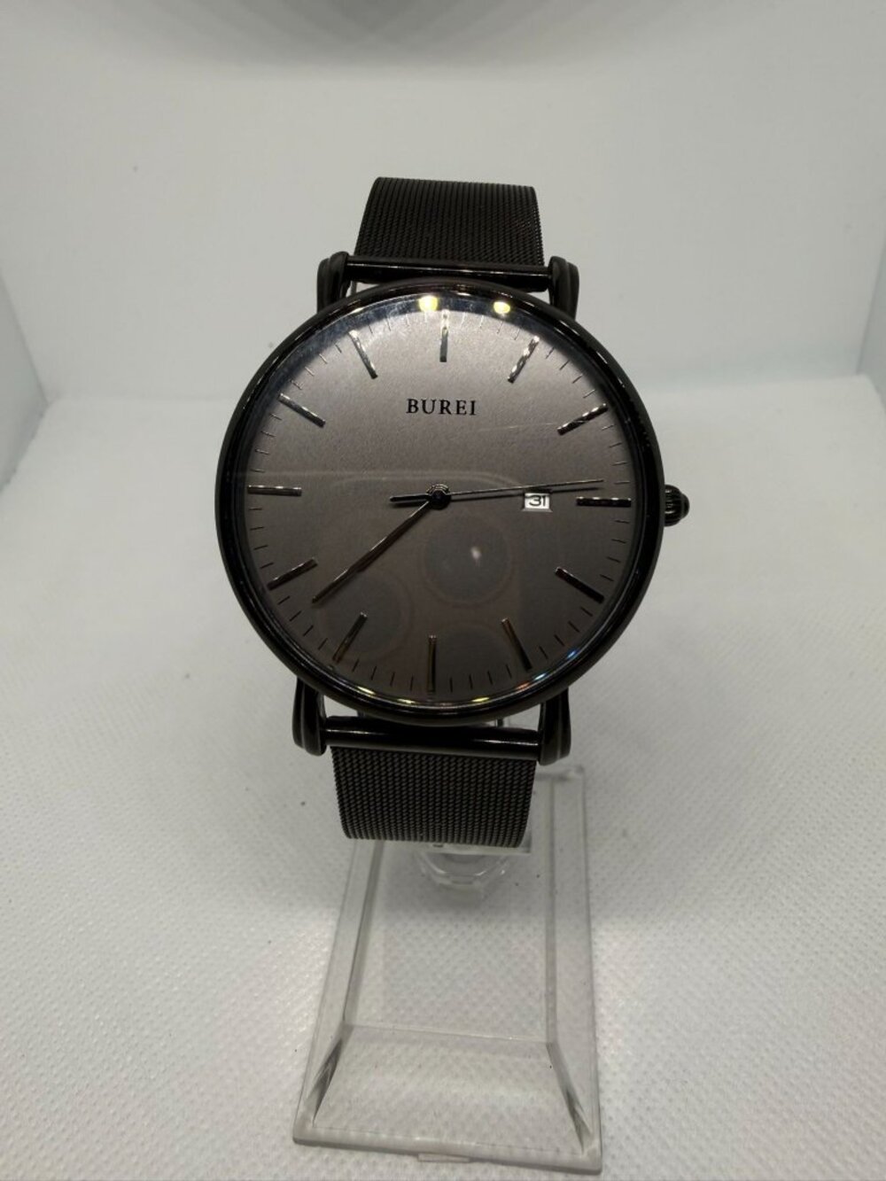 BUREI Men’s Minimalist Black Watch Gray Dial Stainless Steel Mesh Band Quartz